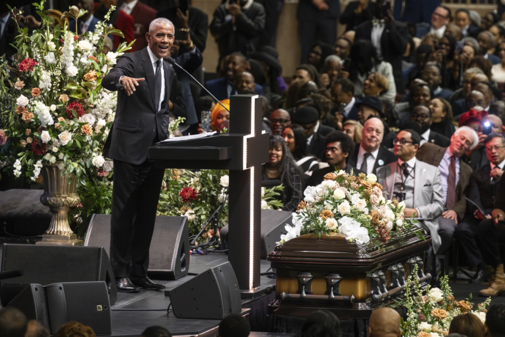 Former President Barack Obama speaks Friday during the funeral service honoring the Rev. Jesse Jackson at House of Hope on the Far South Side.Ashlee Rezin/Sun-Times