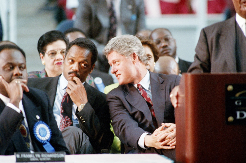 The Rev. Jesse Jackson with Bill Clinton at a convention in Atlanta on Sept. 9, 1992.Curtis Compton / AP