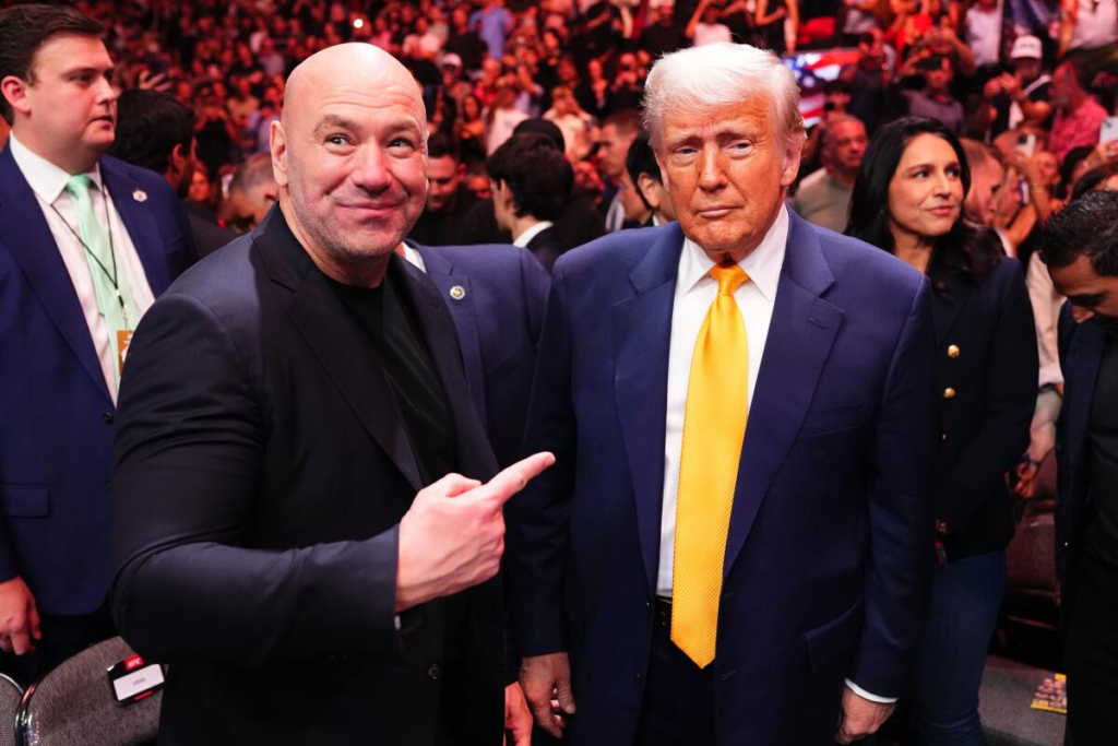 UFC‘s president and chief executive, Dana White, visits with President Trump this past April at a fight in Miami. (Jeff Bottari / Zuffa LLC)