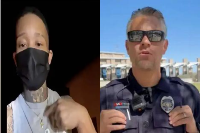 Andrea “Dre” Hollingsworth, left, and North Las Vegas police officer Michael Rose, right. (Photos: Body camera and facebook.com/NLVPD)