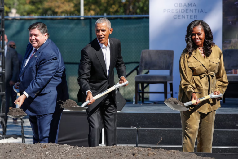 In this Sept. 28, 2021, file photo, Illinois Governor J.B. Pritzker, former President Barack Obama, and former First Lady Michelle Obama break ground during a ceremony for the Obama Presidential Center in Chicago. Kamil Krzaczynski/AFP via Getty Images, FILE