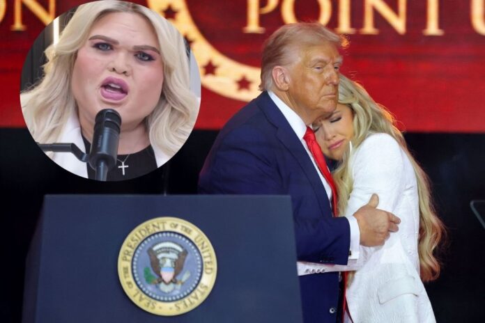 US President Donald Trump embraces Erika Kirk during a memorial service for her husband, slain conservative commentator Charlie Kirk, at State Farm Stadium in Arizona on Sunday. Carlos Barria/Reuters