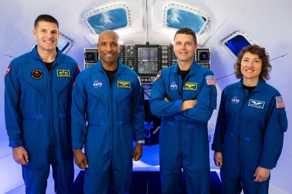 The Artemis II crew in an Orion simulator at NASA’s Johnson Space Center in Houston. NASA/James Blair