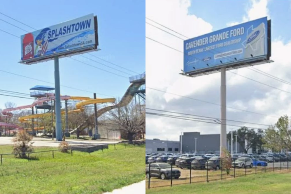 Then and now: The former Splashtown site (left) has been replaced by a Ford dealership (right), reflecting the area’s redevelopment along Splashtown Drive.