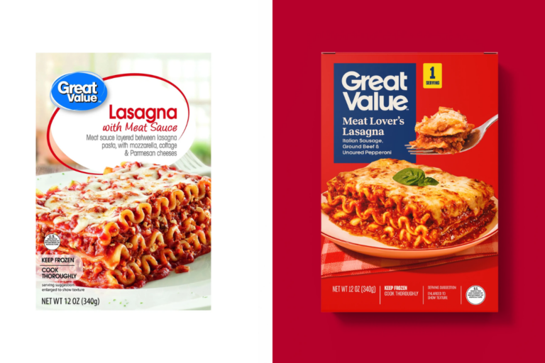 This image provided by Walmart shows from left, Walmart's Great Value Kettle Cooked Lasagna and the redesigned packaging for Walmart's Great Value Lasagna. (Walmart via AP)