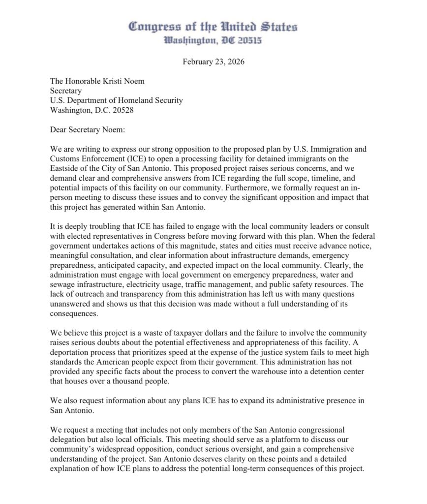San Antonio Letter to former DHS Secretary Kristi Noem, signed by local leaders. February 23, 2026. (Page 1)
