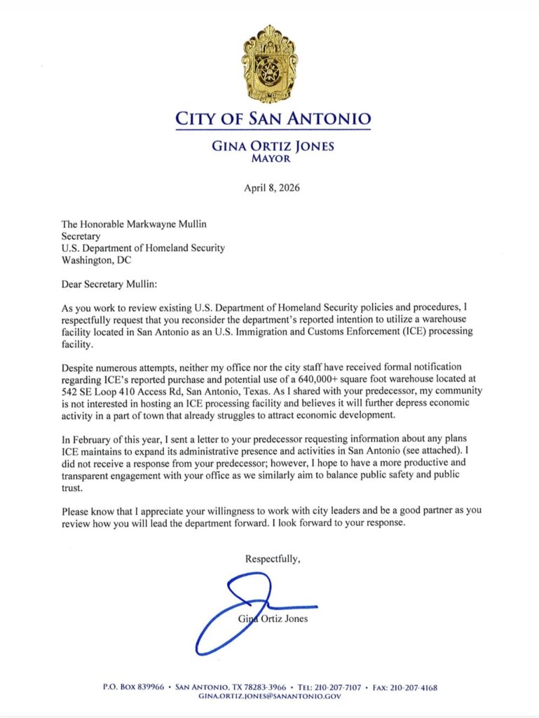 City of San Antonio Mayor Gina Ortiz Jones letter to DHS Secretary Mullin. April 8, 2026.