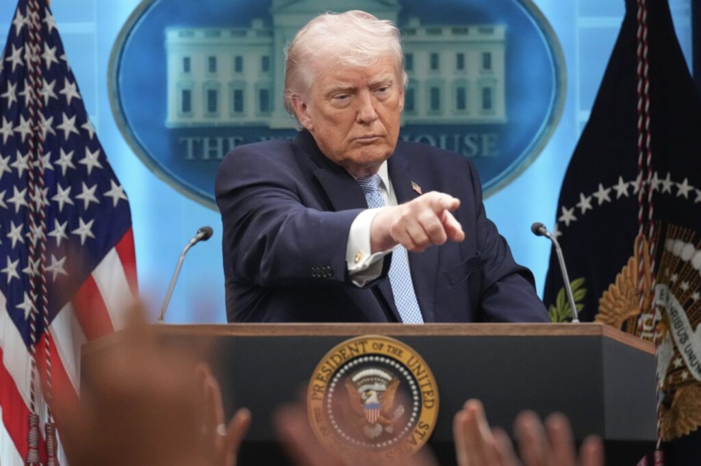 President Donald Trump speaks with reporters during a news conference in the James Brady Press Briefing Room at the White House, Monday, April 6, 2026, in Washington. (AP Photo/Mark Schiefelbein)