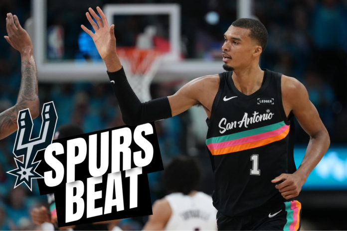 San Antonio Spurs forward Victor Wembanyama (1) celebrates a play against the Portland Trail Blazers during the first half in Game 1 of a first-round NBA playoffs basketball series in San Antonio, Sunday, April 19, 2026. (AP Photo/Eric Gay)