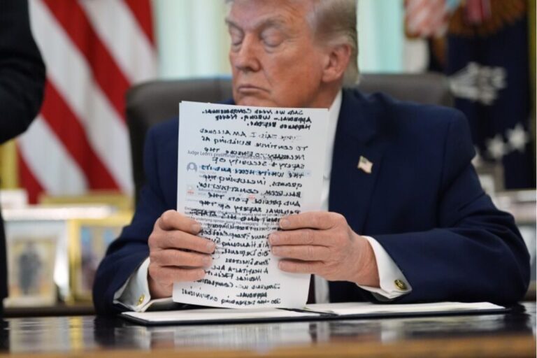 Donald Trump holds papers in the Oval Office of the White House before signing an executive order Tuesday, March 31, 2026, in Washington. Alex Brandon /AP