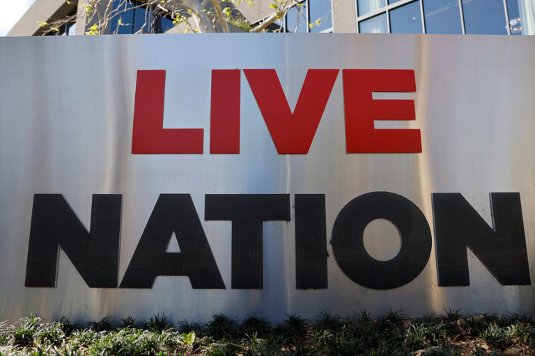 The Live Nation logo is displayed at a Live Nation corporate office on March 9, 2026 in Beverly Hills, California. Live Nation has reportedly reached a tentative settlement with the Department of Justice which would require Live Nation, the owner of Ticketmaster, to pay around $200 million in damages. (Photo by Mario Tama/Getty Images)