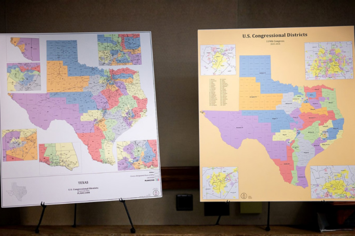 U.S. Congressional District maps are displayed as the Senate Special Committee on Congressional Redistricting meets to hear invited testimony on Congressional plan C2308 at the Texas State Capitol on August 6, 2025 in Austin, Texas.
