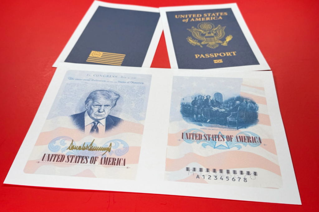 A sample of a limited release of a commemorative U.S. passport that celebrates America’s 250th birthday and features a picture of President Donald Trump, is photographed Tuesday, April 28, 2026. (AP Photo/Jon Elswick)
