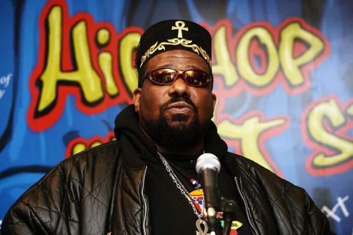 Hip hop pioneer Afrika Bambaataa speaks during a press conference to announce the launch of The Smithsonian's 