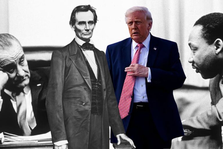 A composite image places former President Donald Trump between historic figures Abraham Lincoln, Lyndon B. Johnson, and Dr. Martin Luther King Jr., reflecting the evolution of U.S. political leadership and civil rights history.