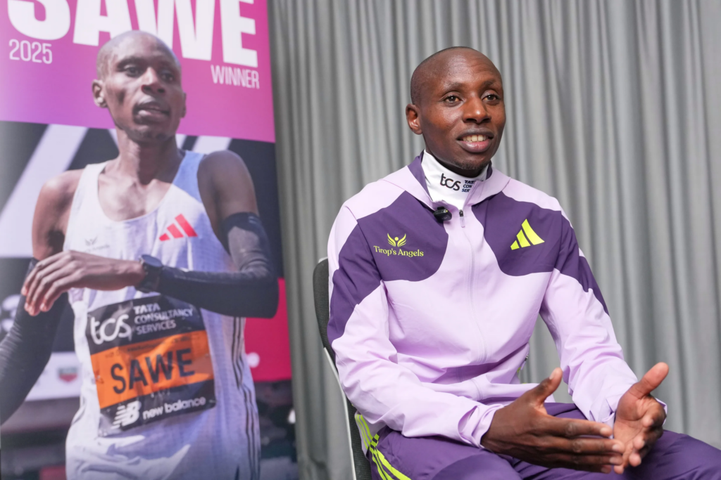 Kenya's Sabastian Sawe speaks during an interview with The Associated Press after winning the London Marathon in London, Monday, April 27, 2026. (AP Photo/Kin Cheung)