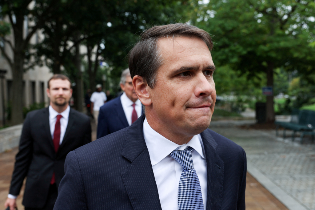 Attorney Todd Blanche leaves after representing former U.S. President Donald Trump at a hearing in the U.S. Justice Department's federal criminal case against Trump, at U.S. District Court in Washington, U.S., August 28, 2023.