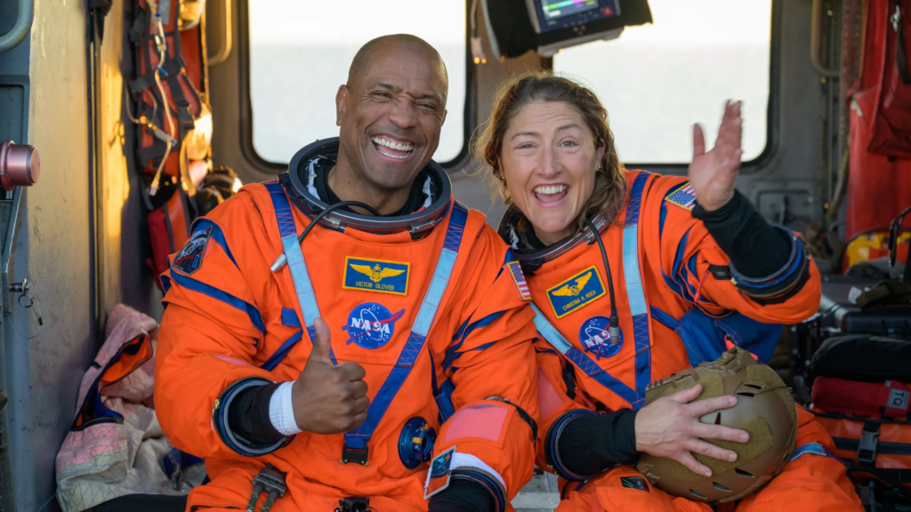 Victor Glover and Christina Koch celebrate their safe return
nasa/getty images