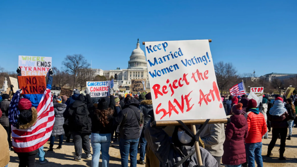 People participate in a protest in front of the Capitol building in Washington D.C. on Presidents' Day, Feb. 17, 2025.Dominic Gwinn—Middle East Images/AFP/Getty Images