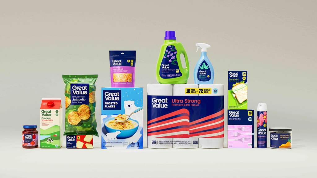 This photo provided by Walmart shows the redesigned packaging for Walmart's Great Value food brand. (Walmart via AP)