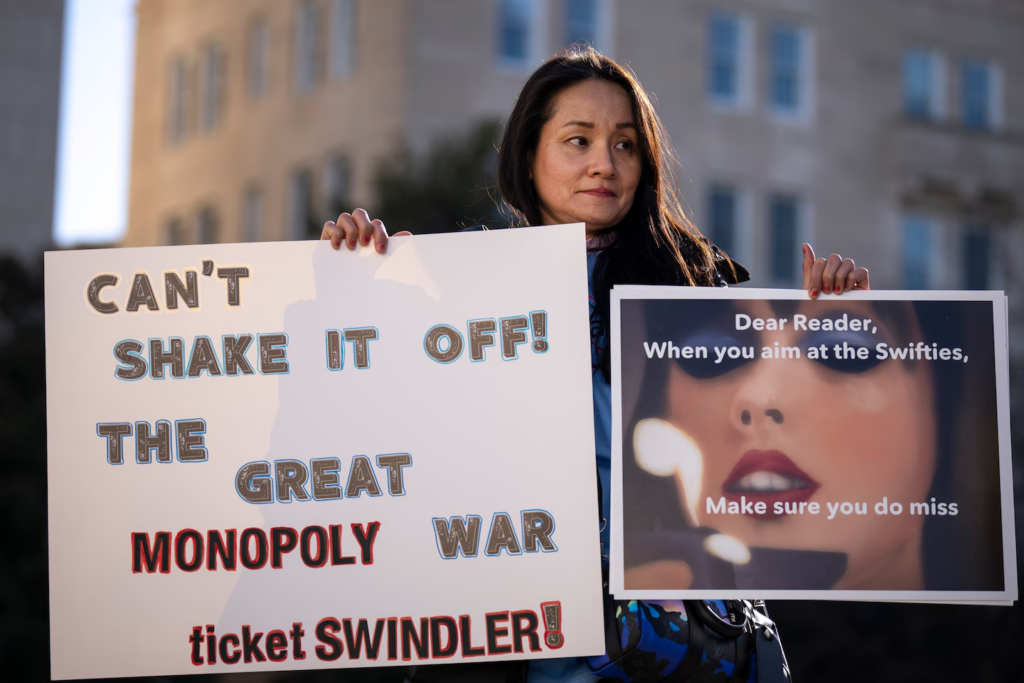 Amy Edwards demonstrates outside the U.S. Capitol on Tuesday, while the Senate Judiciary Committee was holding a hearing on live entertainment ticket industry practices. (Drew Angerer/Getty Images)