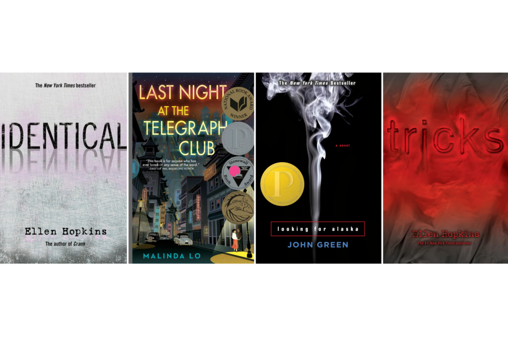 This combination of book cover images shows "Identical" by Ellen Hopkins, from left, "Last Night at the Telegraph Club," by Malinda Lo, "Looking for Alaska" by John Green, and "Tricks" by Ellen Hopkins. (Margaret K. McElderry Books/Dutton/Dutton/Margaret K. McElderry Books via AP)