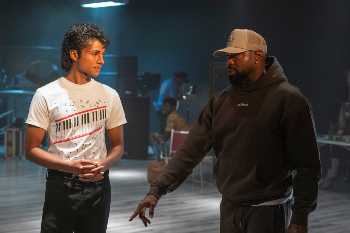 Jaafar Jackson as Michael Jackson and Director Antoine Fuqua in Michael. Photo Credit: Glen Wilson/Lionsgate
