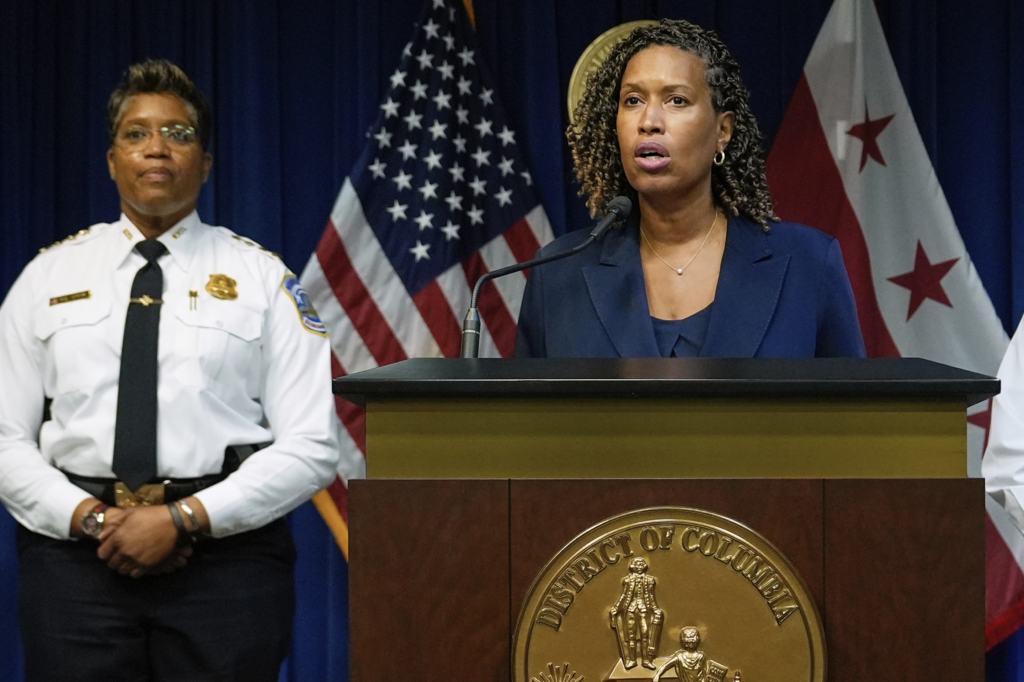 Washington Mayor Muriel Bowser speaks as Metropolitan Police Department Chief Pamela A. Smith listens during a news conference on President Donald Trump’s plan to place Washington police under federal control and deploy National guard troops to Washington, Monday, Aug. 11, 2025, in Washington. (AP Photo/Julia Demaree Nikhinson)
Protesters demonstrate against President Donald Trump's planned use of federal law enforcement and National Guard troops in Washington, during a rally in front of the White House, Monday, Aug. 11, 2025, in Washington. (AP Photo/Julia Demaree Nikhinson)
9 of 11 |  Protesters demonstrate against President Donald Trump’s planned use of federal law enforcement and National Guard troops in Washington, during a rally in front of the White House, Monday, Aug. 11, 2025, in Washington. (AP Photo/Julia Demaree Nikhinson)
President Donald Trump speaks with reporters in the James Brady Press Briefing Room at the White House, Monday, Aug. 11, 2025, in Washington. (AP Photo/Alex Brandon)
10 of 11 |  President Donald Trump speaks with reporters in the James Brady Press Briefing Room at the White House, Monday, Aug. 11, 2025, in Washington. (AP Photo/Alex Brandon)
The U.S. Capitol building gives backdrop to a homeless man resting on a steam vent on the National Mall, Dec. 18, 2019, on Capitol Hill in Washington. (AP Photo/Julio Cortez, File)
11 of 11 |  The U.S. Capitol building gives backdrop to a homeless man resting on a steam vent on the National Mall, Dec. 18, 2019, on Capitol Hill in Washington. (AP Photo/Julio Cortez, File)