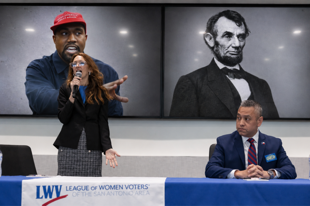 Artwork By: Alana Zarriello Maureen Galindo and Johnny Garcia speak at a TX-35 Democratic candidate forum in San Antonio on May 6, with images of Kanye West and Abraham Lincoln displayed behind them as part of an edited editorial illustration. Photo Credit: Getty Images