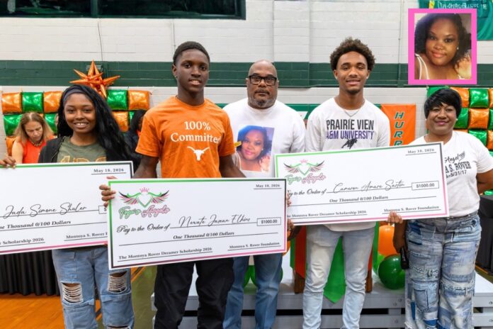 (L-R) Jada Shuler, Newante Elkins and Cameron Sartin with Fernando and Stephanie Rover at Sam Houston High School