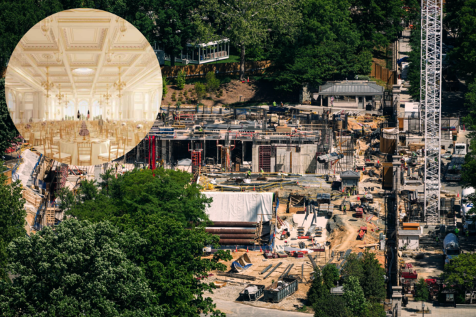 Construction on the new White House ballroom is seen from the Washington Monument, Tuesday, May 5, 2026, in Washington. (AP Photo/Julia Demaree Nikhinson)
