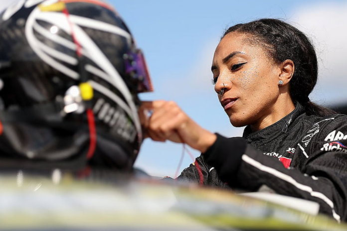 Dystany Spurlock, driver of the #66 Foxxtecca Chevrolet, prepares for the Rockingham ARCA Menards East 125 at Rockingham Speedway on April 04, 2026 in Rockingham, North Carolina. (Photo by Meg Oliphant/Getty Images)Credit: Photo Meg Oliphant / Getty Images
