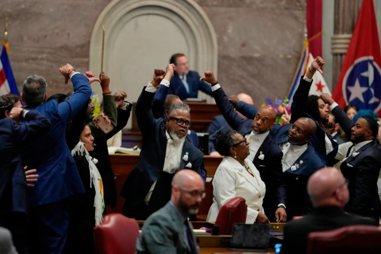 House Democrats gesture on the chamber floor as they vote against a bill to redraw U.S. Congressional voting maps during a special session of the state legislature Thursday, May 7, 2026, in Nashville, Tenn. (AP Photo/George Walker IV)