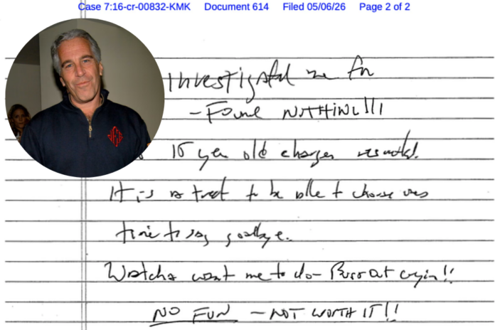 This document, released Wednesday, May 6, 2026, by the U.S. District Court for the Southern District of New York, shows a note that Jeffrey Epstein's former cellmate said he found after Epstein's reported suicide attempt in July 2019. (U.S. District Court for the Southern District of New York via AP)