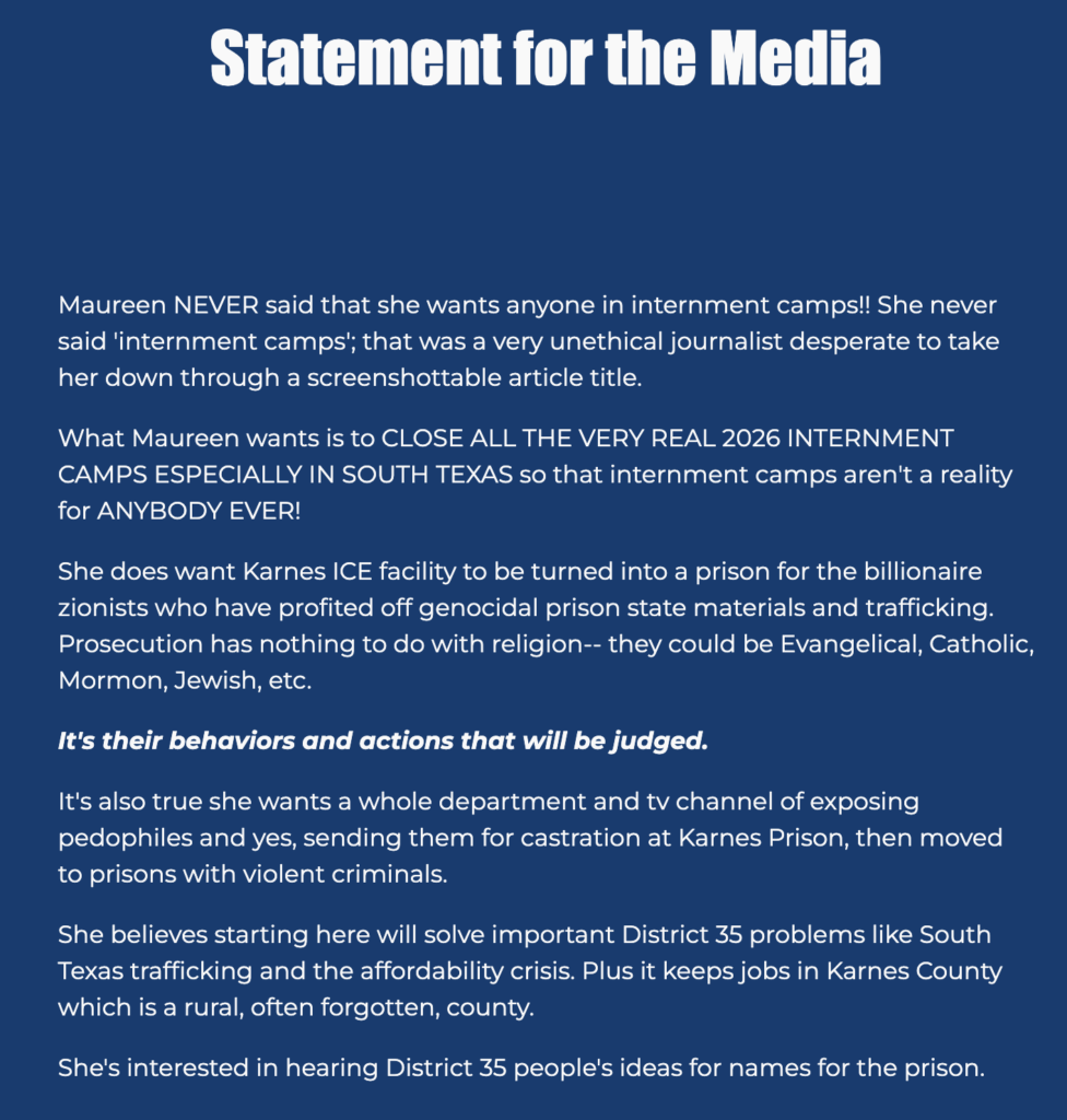 Democratic House candidate Maureen Galindo's press statement from her campaign website.