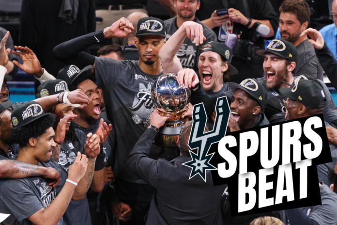 The San Antonio Spurs celebrate after defeating the Oklahoma City Thunder in the Western Conference finals of the NBA basketball playoffs series Saturday, May 30, 2026, in Oklahoma City. (AP Photo/Nate Billings)