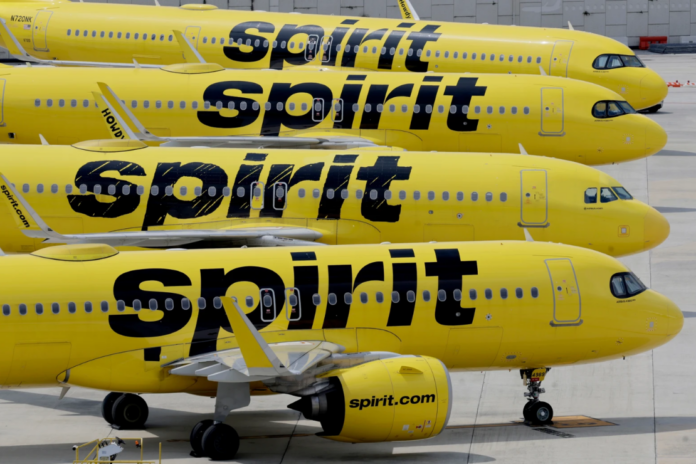 Spirit Airlines planes are grounded at Fort Lauderdale-Hollywood International Airport after flights were cancelled on Saturday, May 2, 2026. (Mike Stocker/South Florida Sun-Sentinel via AP)