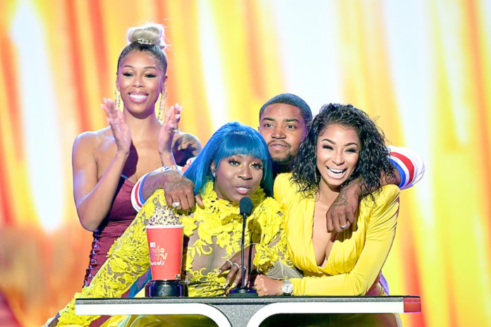 (L-R) Bambi, Spice, Lil Scrappy and Karlie Redd accept the Best Reality Royalty award for Love & Hip Hop: Atlanta onstage during the 2019 MTV Movie and TV Awards at Barker Hangar on June 15, 2019 in Santa Monica, California. (Photo by Kevin Winter/Getty Images for MTV)