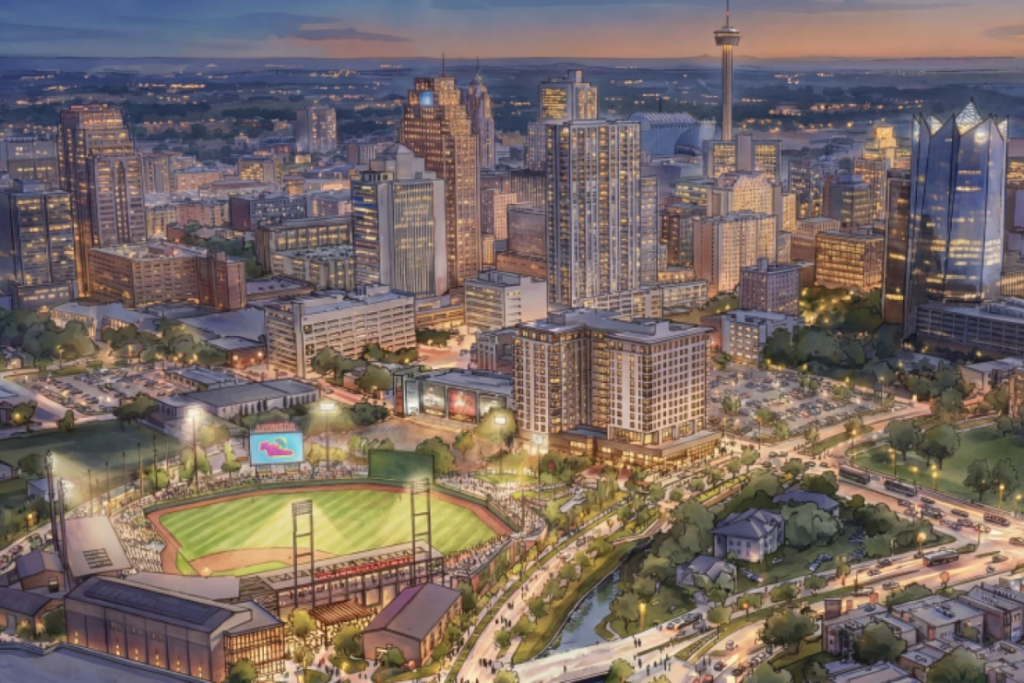 Aerial artist rendering of Missions ballpark at night in downtown San Antonio. Populous/San Antonio Missions