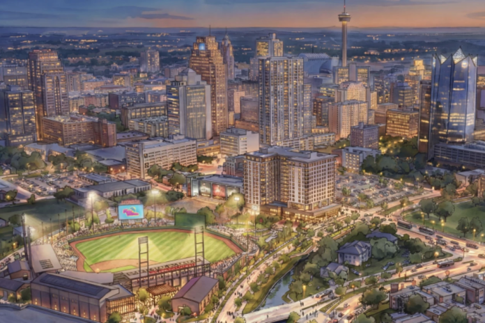 Aerial artist rendering of Missions ballpark at night in downtown San Antonio. Populous/San Antonio Missions