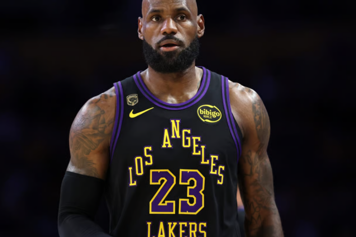 LeBron James #23 of the Los Angeles Lakers looks on against the Oklahoma City Thunder during the first quarter in Game Four of the Second Round of the NBA Western Conference Playoffs at Crypto.com Arena on May 11, 2026 in Los Angeles, California.