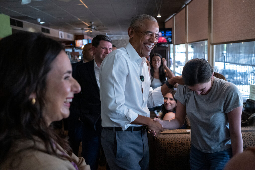 Texas Democratic gubernatorial candidate Gina Hinojosa, Texas Democratic Senate candidate and Texas state Rep. James Talarico, and former President Barack Obama visit the Taco Joint on Tuesday, May 12, 2026, in Austin, Texas. (AP Photo/Joel Angel Juarez, Pool)
