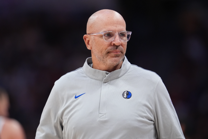 Dallas Mavericks head coach Jason Kidd is seen in the first half of an NBA basketball game, March 25, 2026, in Denver. (AP Photo/David Zalubowski, File)
