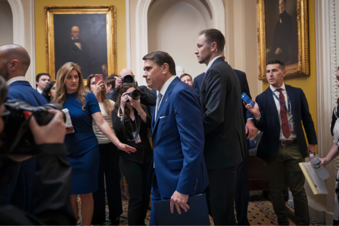 Acting Attorney General Todd Blanche arrives for a closed-door meeting with Republican senators who are expected to abandon a proposal for $1 billion in security money for the White House complex and President Donald Trump's ballroom after it has failed to win enough party support, at the Capitol in Washington, Thursday, May 21, 2026. (AP Photo/J. Scott Applewhite)