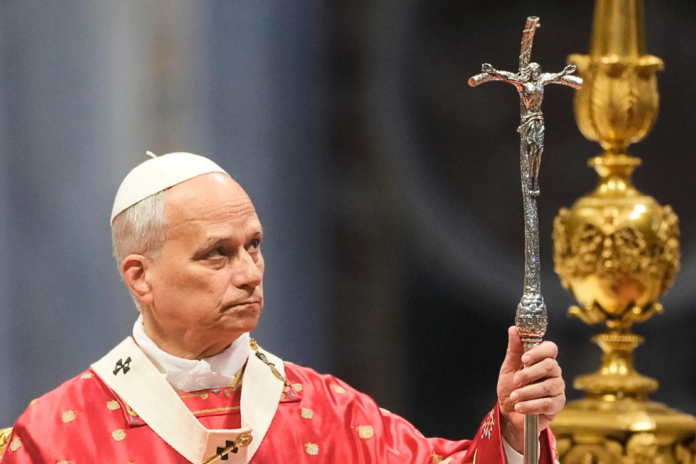 Pope Leo XIV holds the pastoral staff as he celebrates the Pentecost Mass in St. Peter’s Basilica, at the Vatican, Sunday, May 24, 2026. (Credit: Gregorio Borgia/AP.)