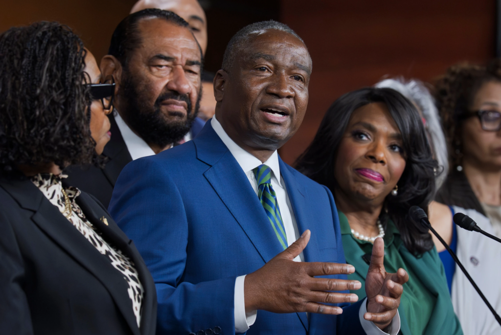 Rep. Cleo Fields, D-La., center, who represents Louisiana’s 6th congressional district, is joined by members of the Congressional Black Caucus as they speak to reporters in the wake of the Supreme Court ruling to strike down his majority Black congressional district in Louisiana, at the Capitol in Washington, Wednesday, April 29, 2026. (AP Photo/J. Scott Applewhite)