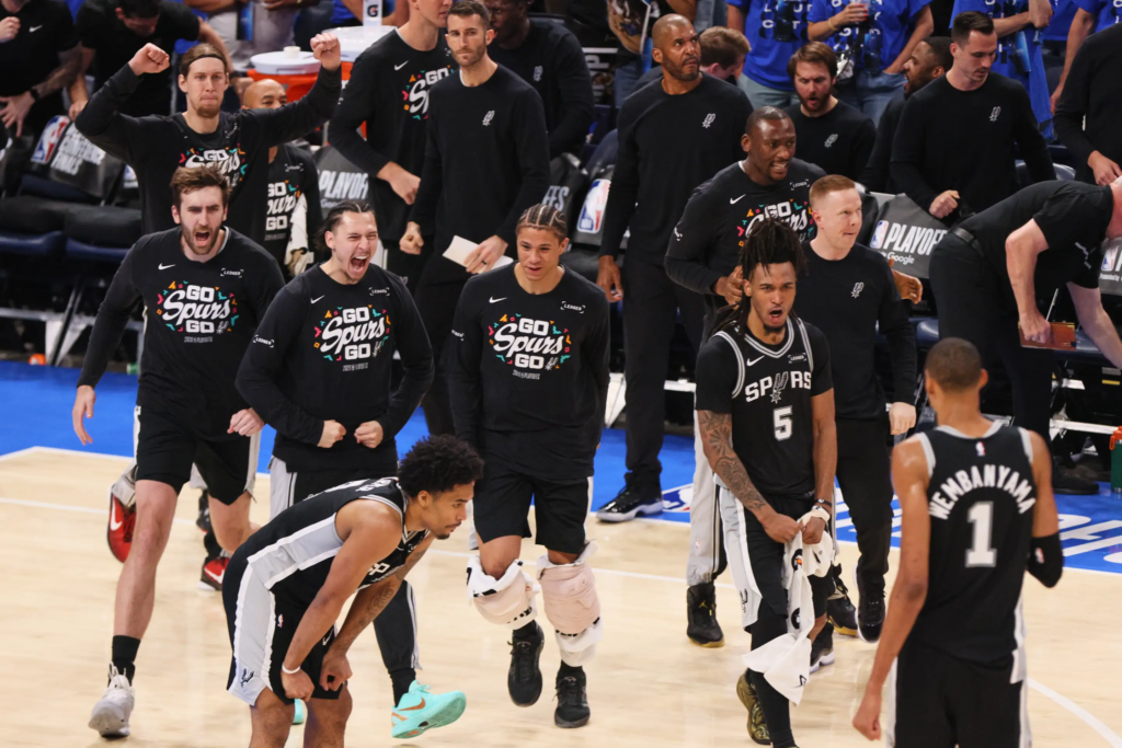 The San Antonio Spurs reacts as a timeout is called in the second half of Game 7 of the Western Conference finals of the NBA basketball playoffs series against the Oklahoma City Thunder Saturday, May 30, 2026, in Oklahoma City. (AP Photo/Nate Billings)
