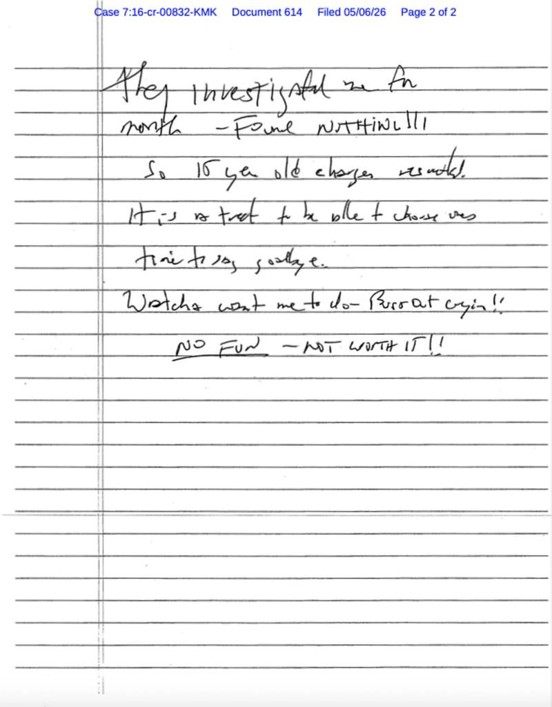 This document, released Wednesday, May 6, 2026, by the U.S. District Court for the Southern District of New York, shows a note that Jeffrey Epstein's former cellmate said he found after Epstein's reported suicide attempt in July 2019. (U.S. District Court for the Southern District of New York via AP) 
