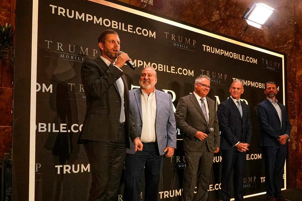 Eric Trump, Don Hendrickson, Eric Thomas, Patrick O’Brien and Donald Trump Jr. participate in the announcement of Trump Mobile, in New York’s Trump Tower, on June 16, 2025. (AP Photo/Richard Drew)