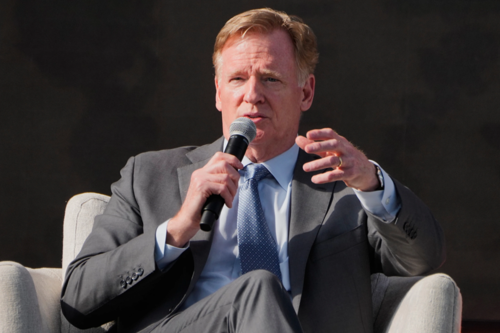 NFL Commissioner Roger Goodell participates in a panel discussion during groundbreaking ceremonies for the new Cleveland Browns stadium in Brook Park, Ohio, Thursday, April 30, 2026. (AP Photo/Sue Ogrocki)